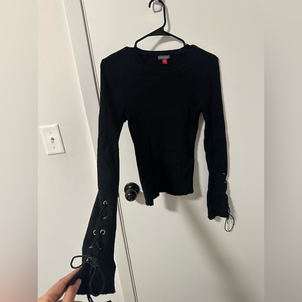 Vince Camuto Black Lace-Up Sleeve Long Sleeve Top